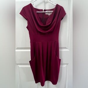 Pink Martini Burgundy Draped Neck Midi Dress with Pockets